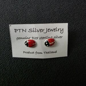 PTN Silver Jewelry Ladybug Sterling Silver Stud Earrings - Red & Black
